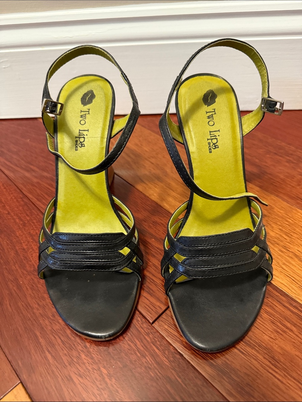 Two Lips Black Strappy Heels with Lime Insole